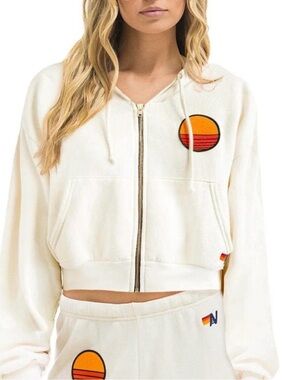 Aviator Nation Ivory Cropped Zip Hoodie with Sunset Patch